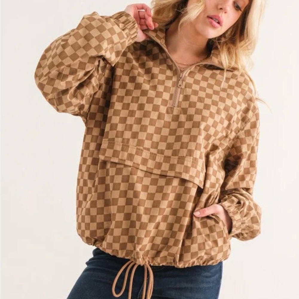 Checkerboard Half-Zip Anorak Pullover - Brown